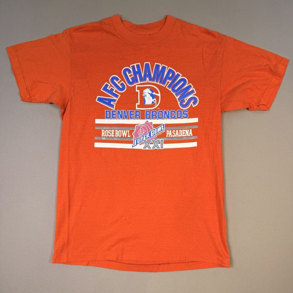 ‘86 VTG Denver Broncos T-Shirt Mens L Super Bowl Orange Logo 7 Made in USA SBXXI
